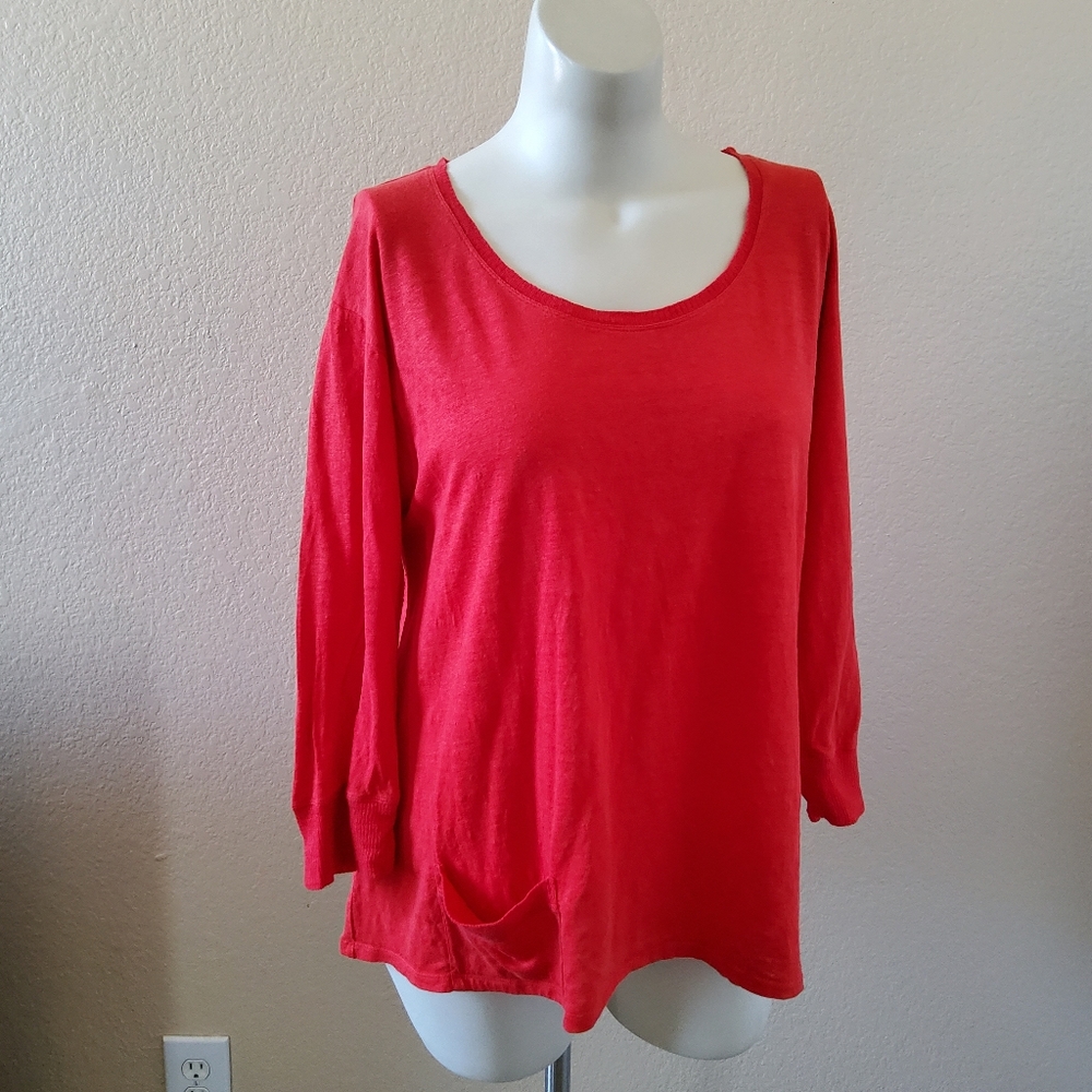 Eileen Fisher Red Linen Boxy Knit Top With Pocket Size XL